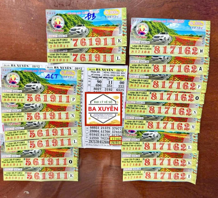 Vé số Cà Mau trúng giải độc đắc, an ủi và giải nhất. Ảnh: ĐLVS Ba Xuyên