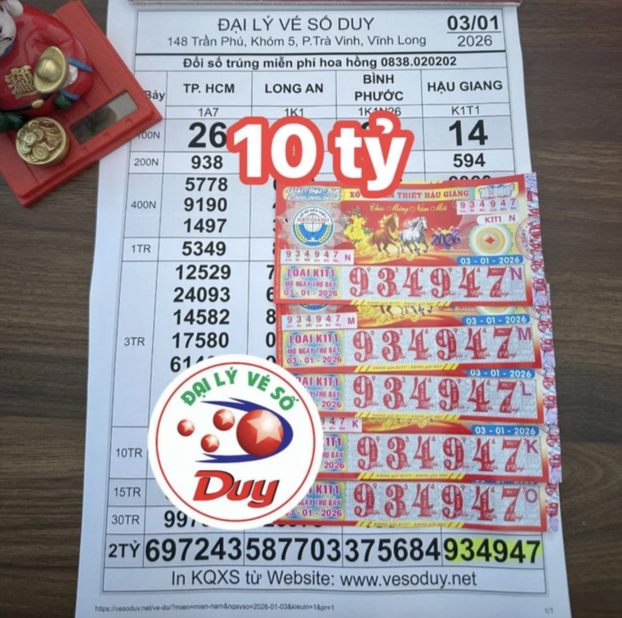 5 tờ vé số Hậu Giang trúng giải độc đắc. Ảnh: ĐLVS Duy