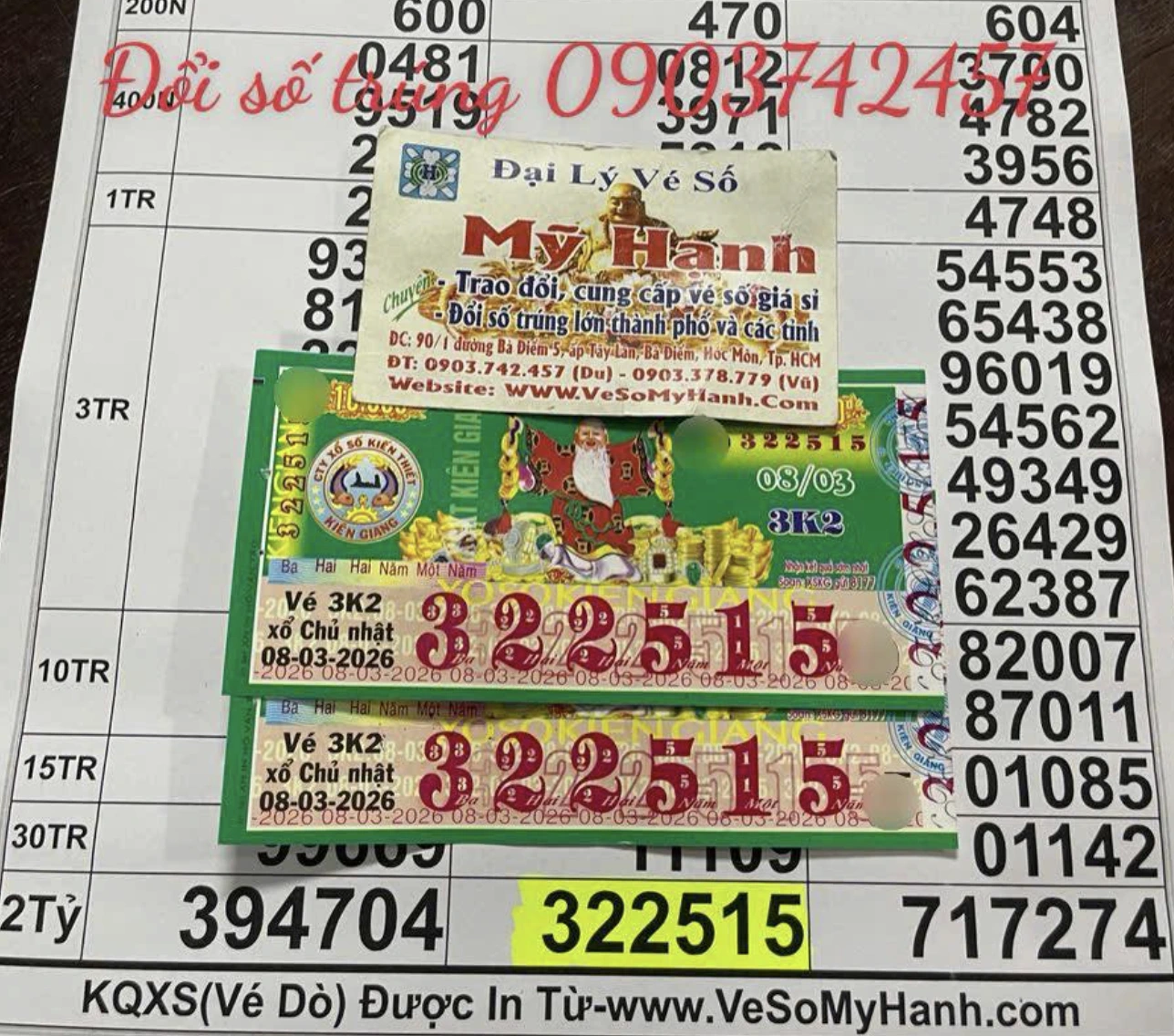 2 vé trúng độc đắc xổ số miền Nam được đại lý Mỹ Hạnh đổi thưởng