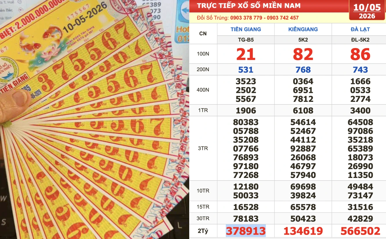 Những tờ vé số có dãy số cuối 5567 trúng giải sáu xổ số miền Nam ngày 10 tháng 5 đài Tiền Giang. ẢNH: NVCC