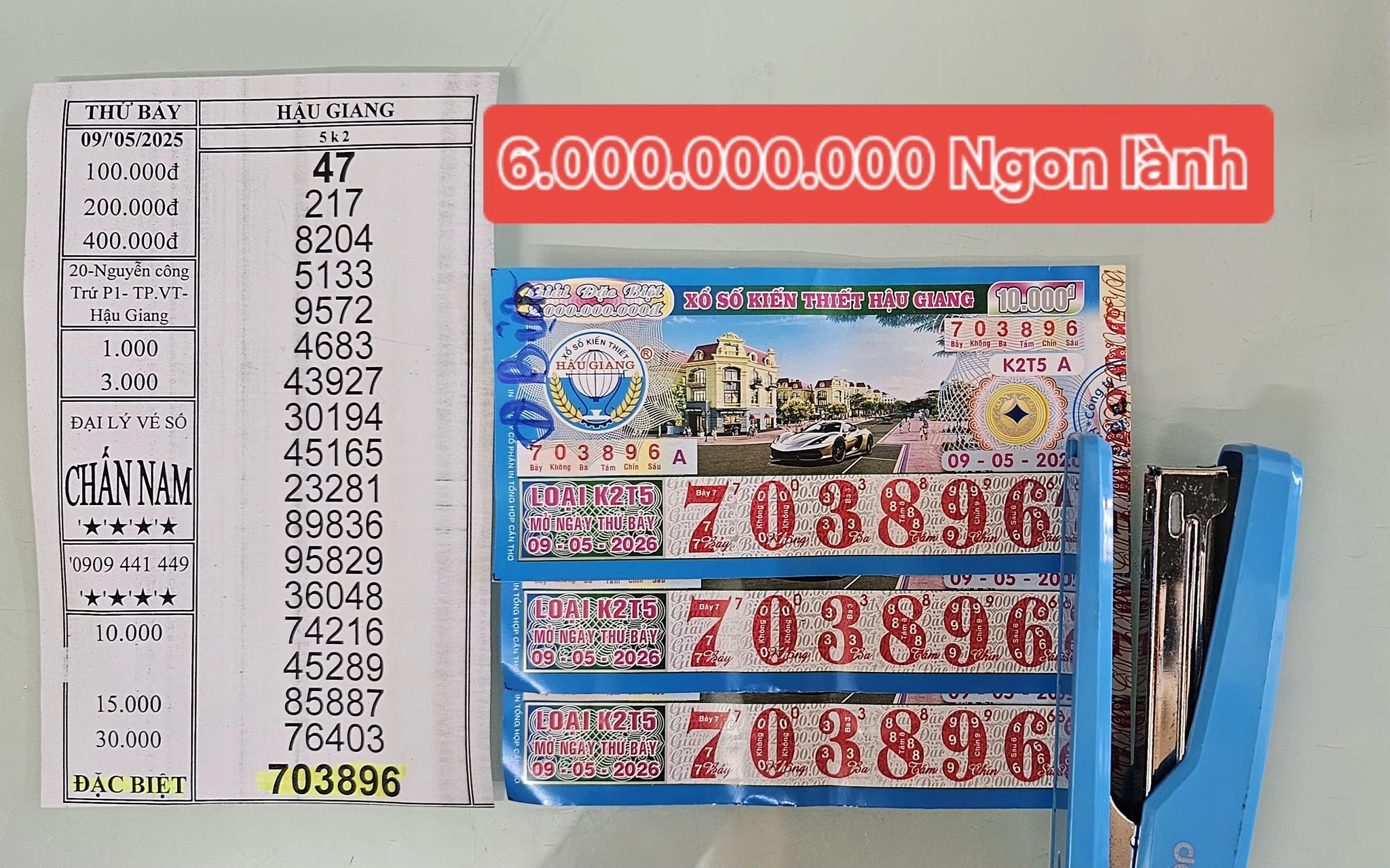 3 tờ vé số trúng độc đắc xổ số miền Nam ngày 9 tháng 5. ẢNH: NVCC