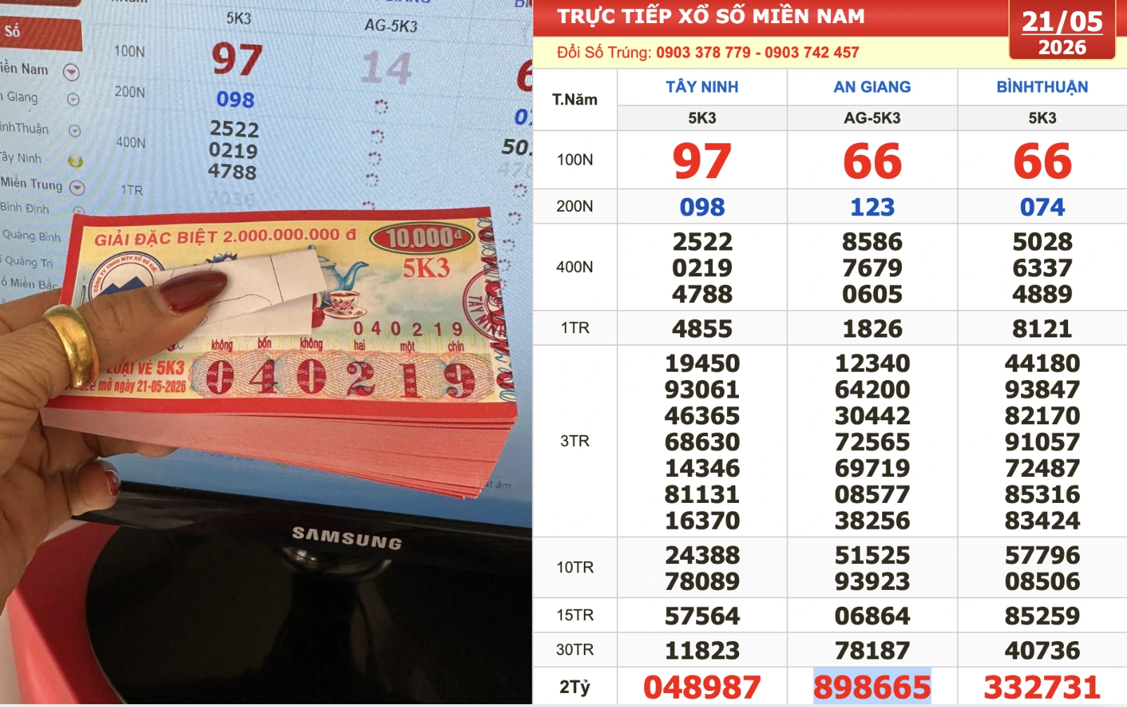 Trùng hợp hiếm gặp: Một dãy số trúng 2 đài xổ số miền Nam 1 2 đài xổ số miền Nam có dãy số trúng giải tám đều là 66